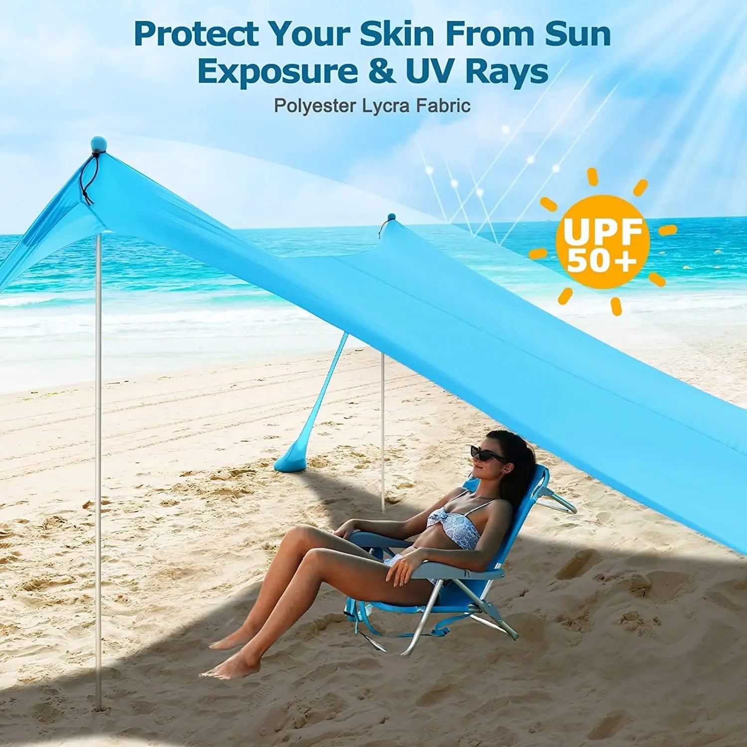 Lycra 3*3m Portable Beach Tent Sun Shelter Shade UPF50+ Pop Up Beach Canopy with 4 Sandbags for Beach Camping Picnics Backyard