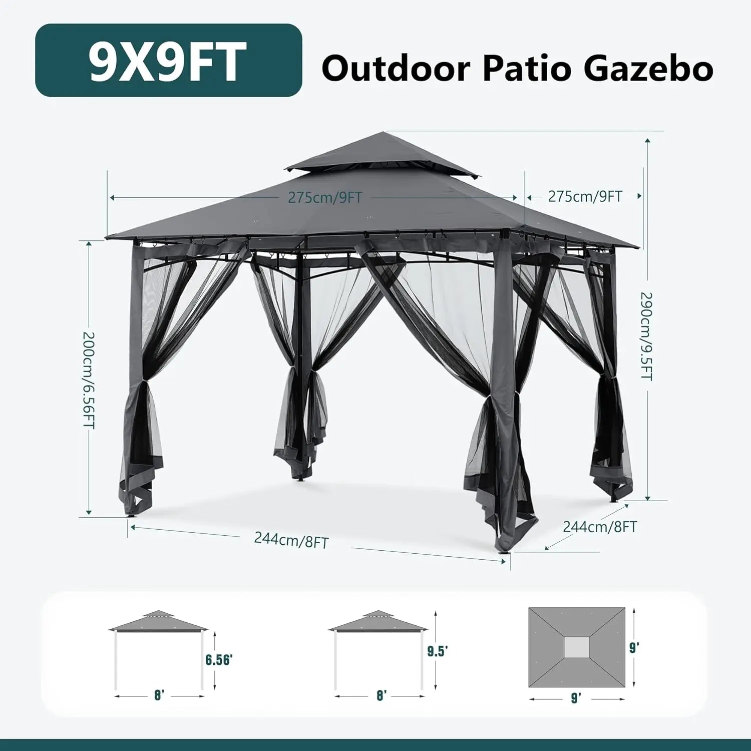 Outdoor Garden Gazebo for Patios with Stable Steel Frame and Netting Walls (9x9,Dark Gray), Customized